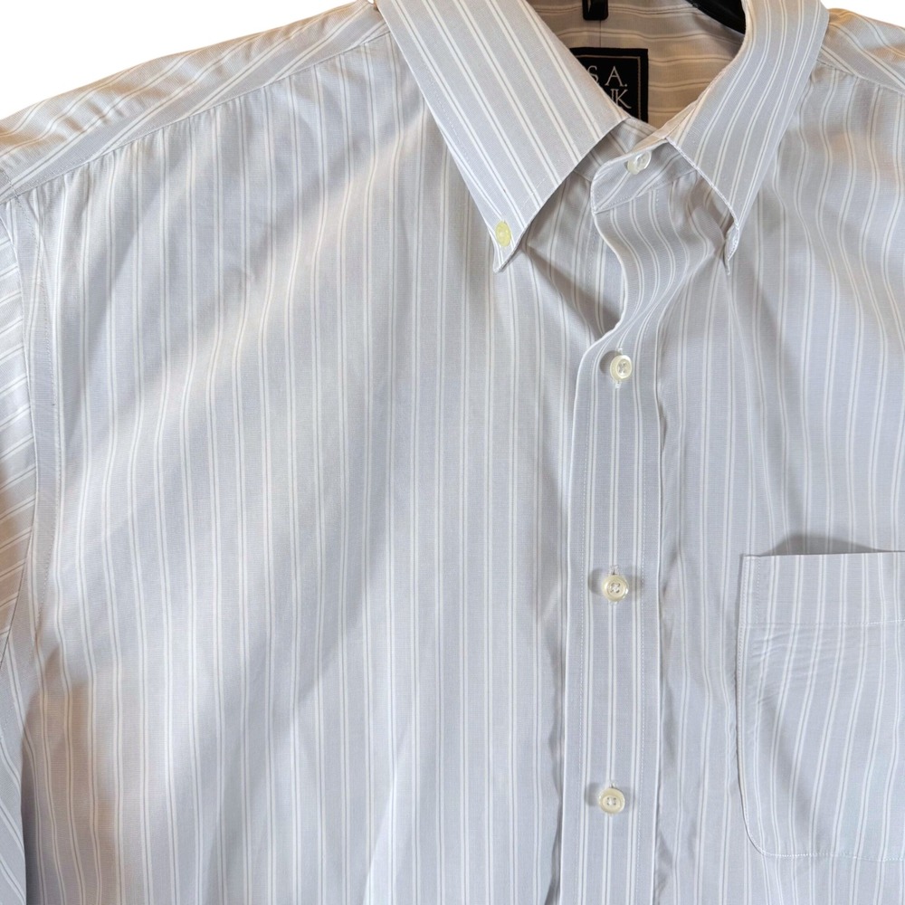 Jos. A. Bank Dress Shirt 16.5-33 Traveler Tailored Fit Blue White Stripe 1234